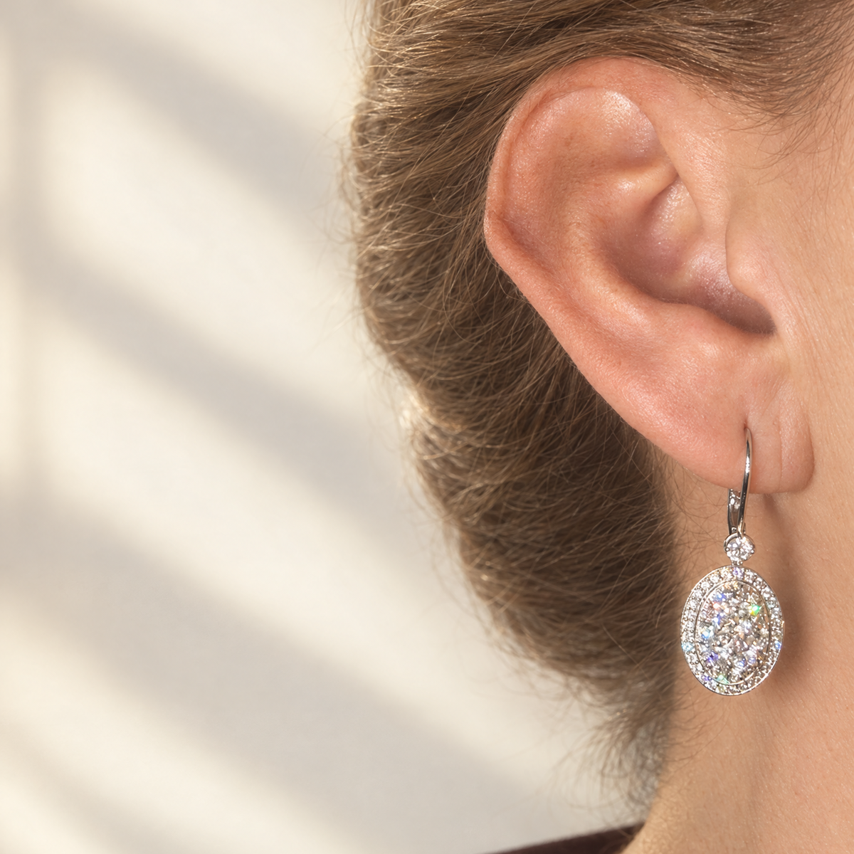 White Gold Diamond Oval Cluster Halo Drop Earrings