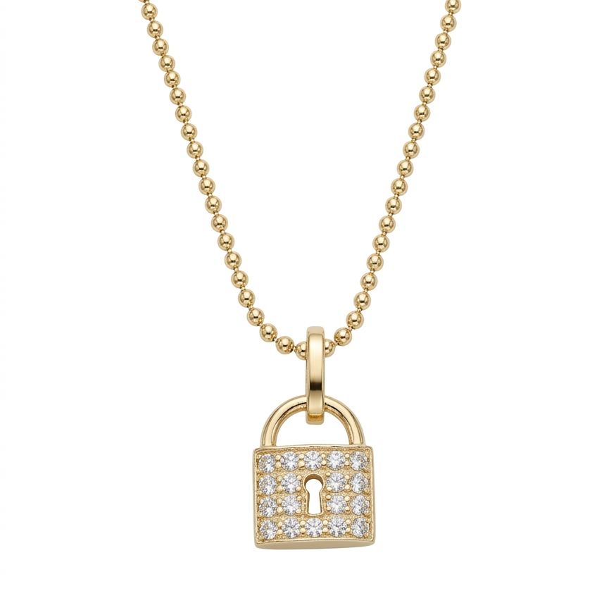 Cadence Lock Necklace with gold ball chain and padlock pendant on a white background