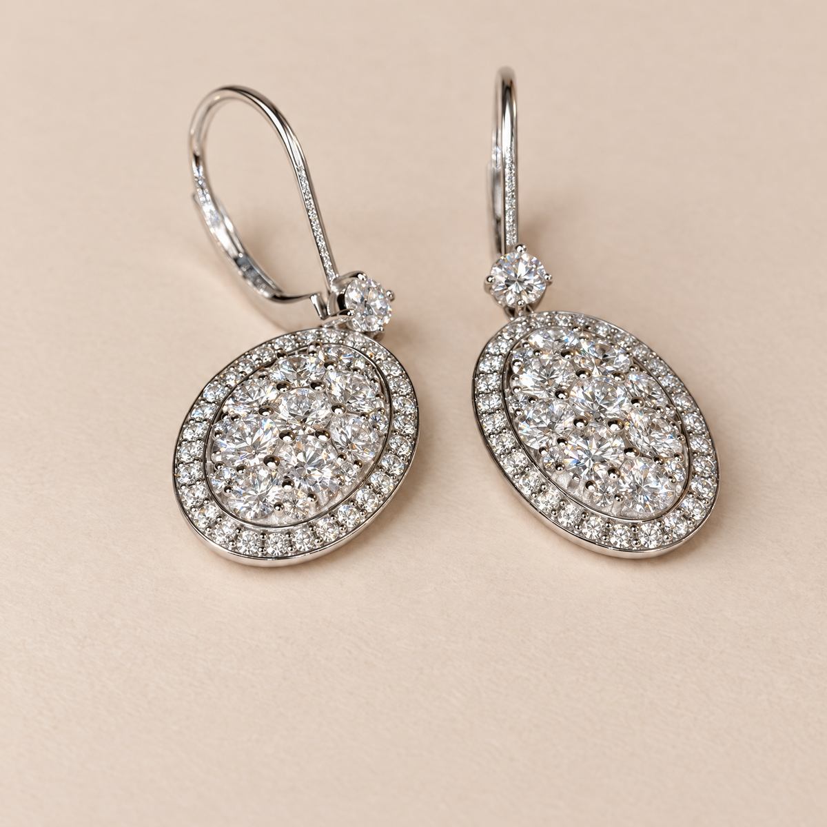 White Gold Diamond Oval Cluster Halo Drop Earrings